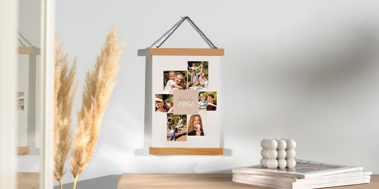Tento plakát zobrazuje několik fotografií mladé rodiny. Celkem je vidět žena, muž a dvě malé děti. Rodina se společně baví.